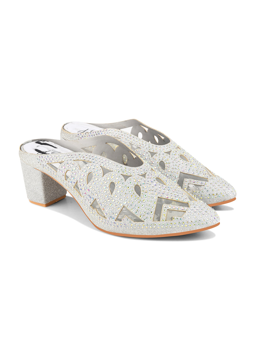 Embellished ethnic mules with block heel by Jm Looks for women and girls Silver