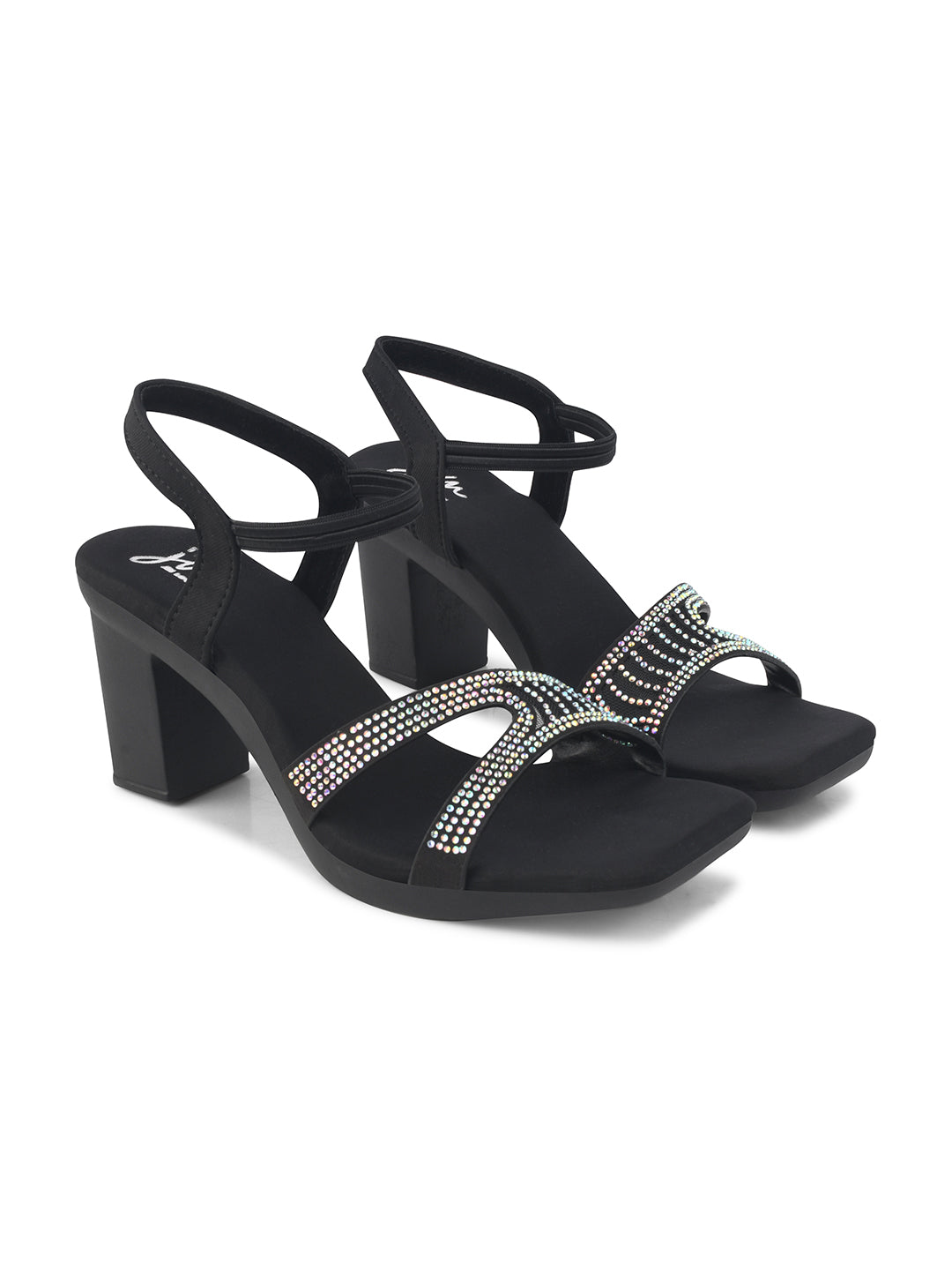 Jm Looks block heels with embellished criss-cross straps and an ankle strap
 Black