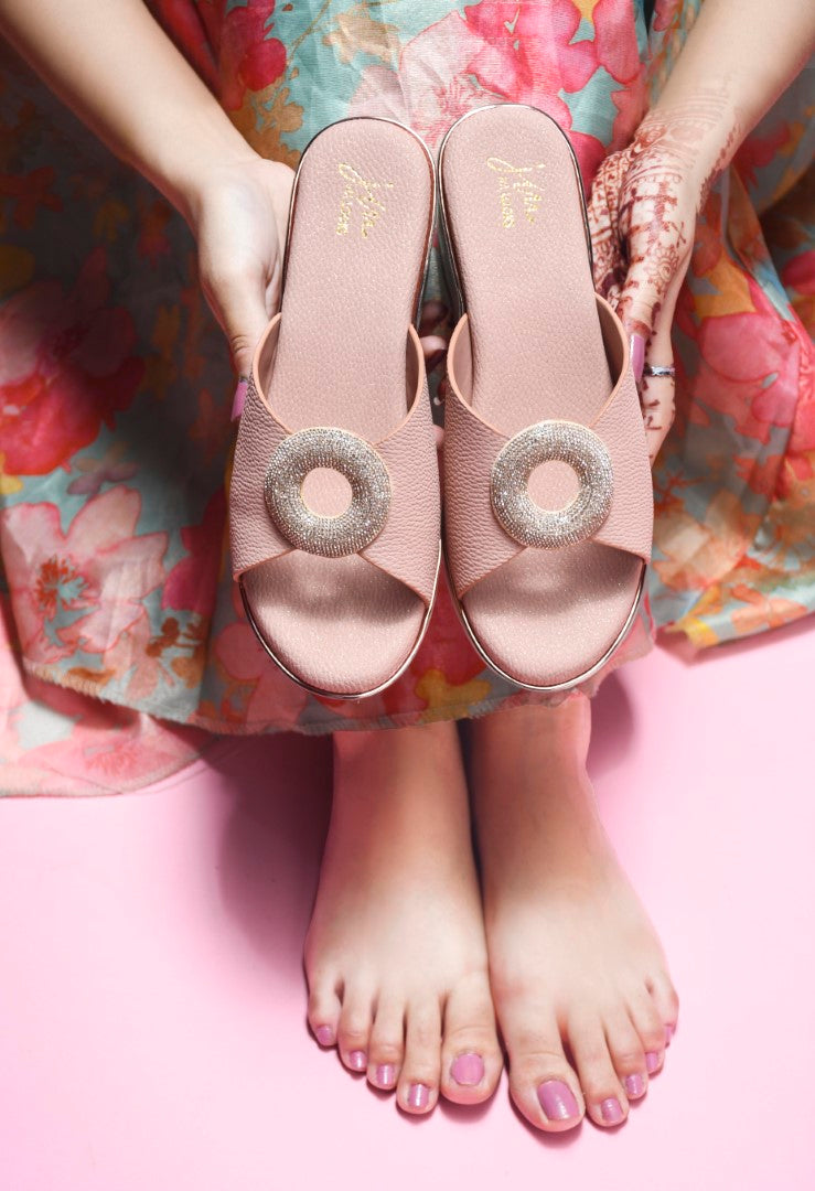 Wedge sandals for women and girls by Jm Looks with shimmer buckle detail Peach
