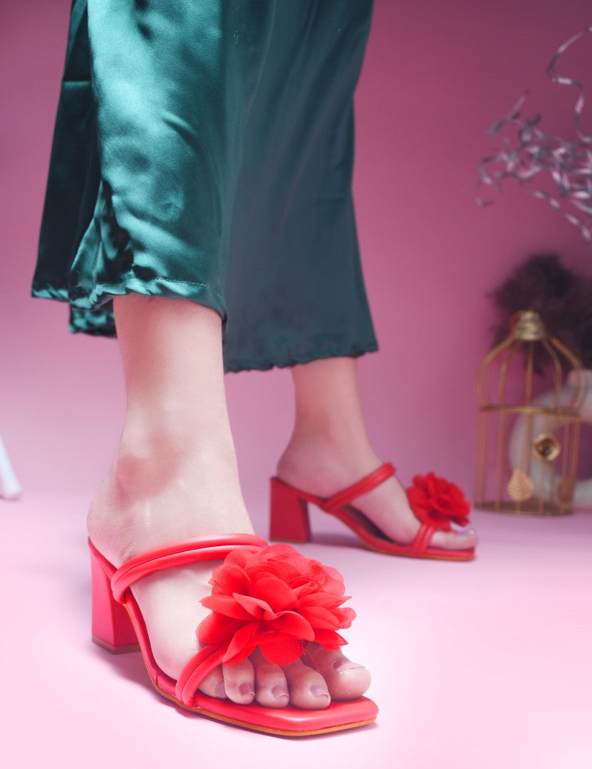 Jm Looks Floral Embellished Block Heels Red