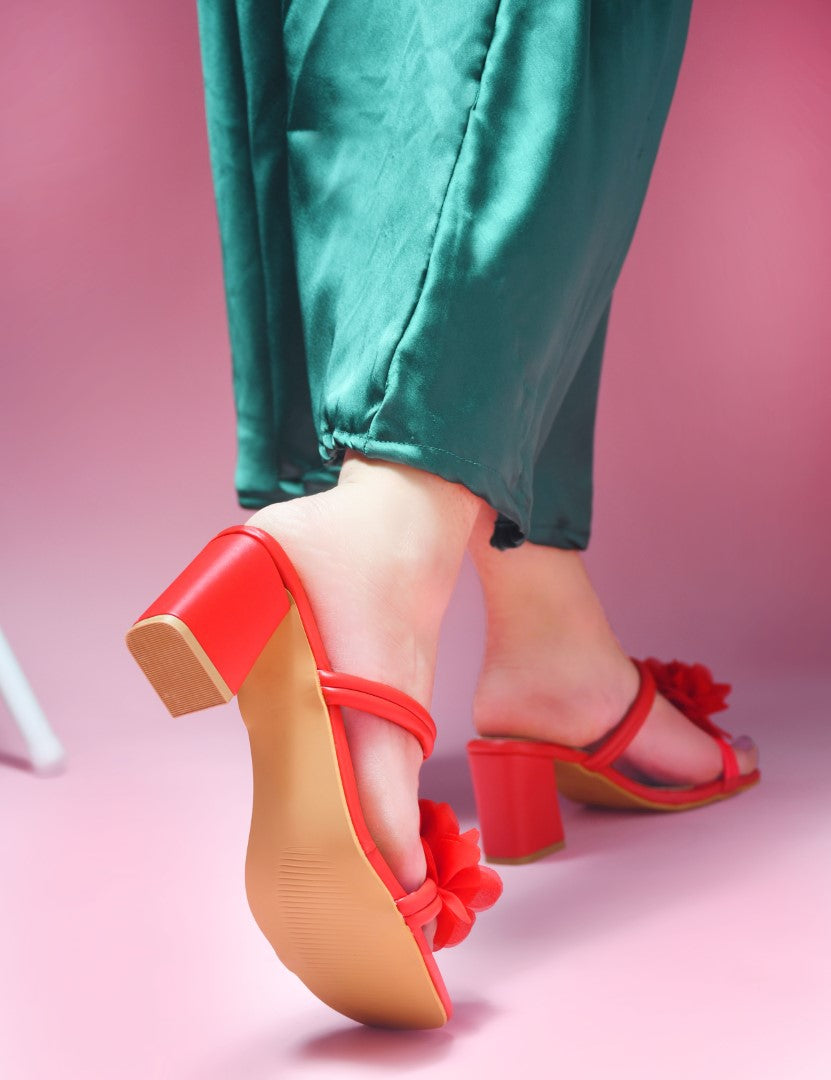 Jm Looks Floral Embellished Block Heels Red