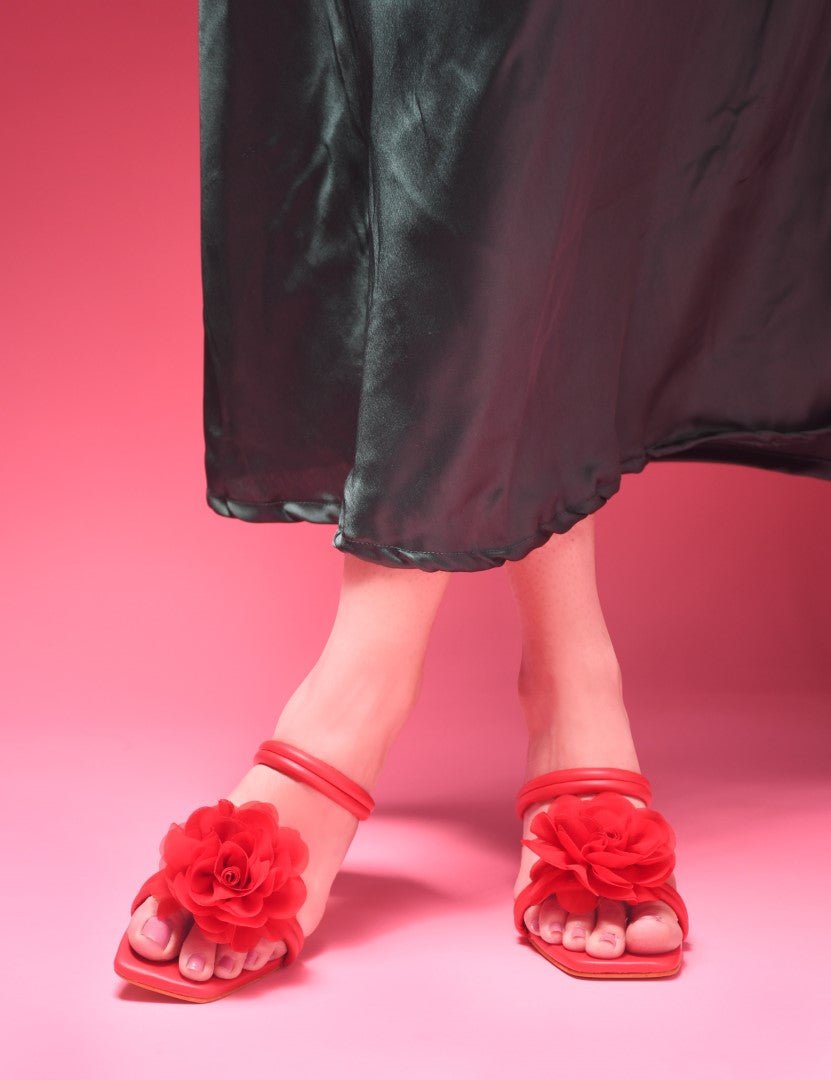 Jm Looks Floral Embellished Block Heels Red