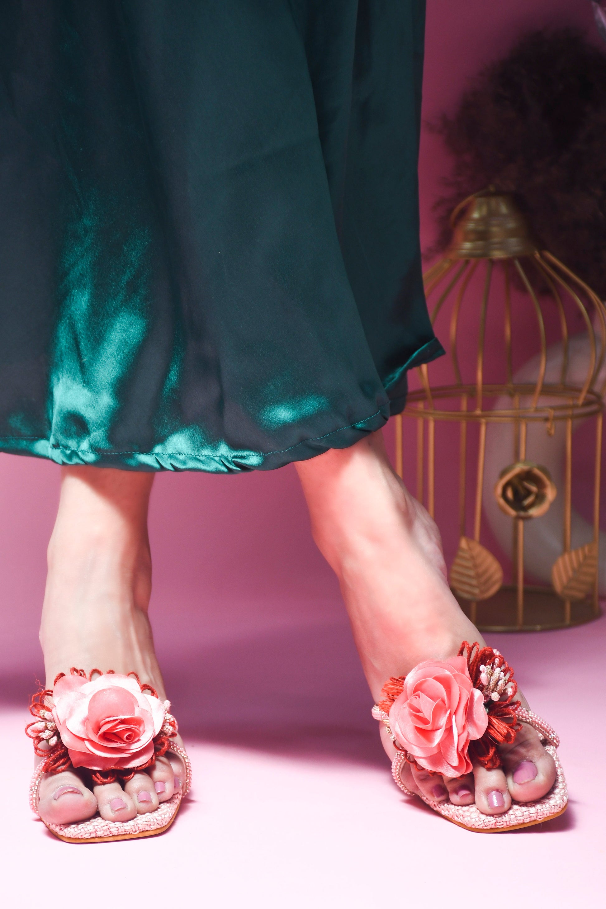 Jm Looks floral embellished square toe heels with a unique clear heel
 Peach