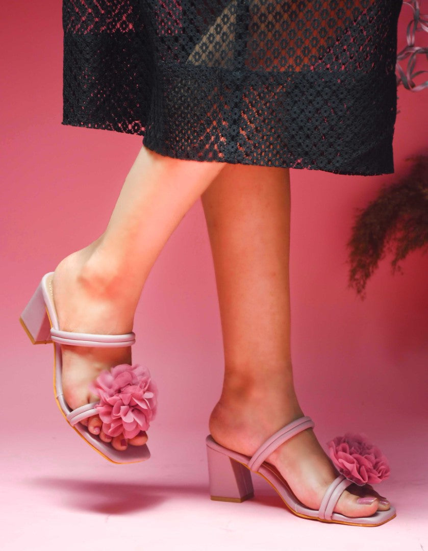Jm Looks block heels featuring a large floral embellishment on the strap
 Wood Rose