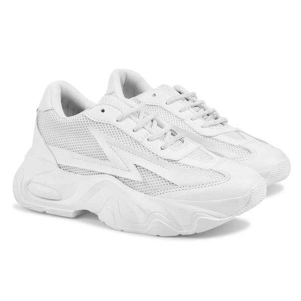 White Chunky Sneakers for Women lace-up mesh upper thick sole trendy casual stylish comfortable platform footwear
