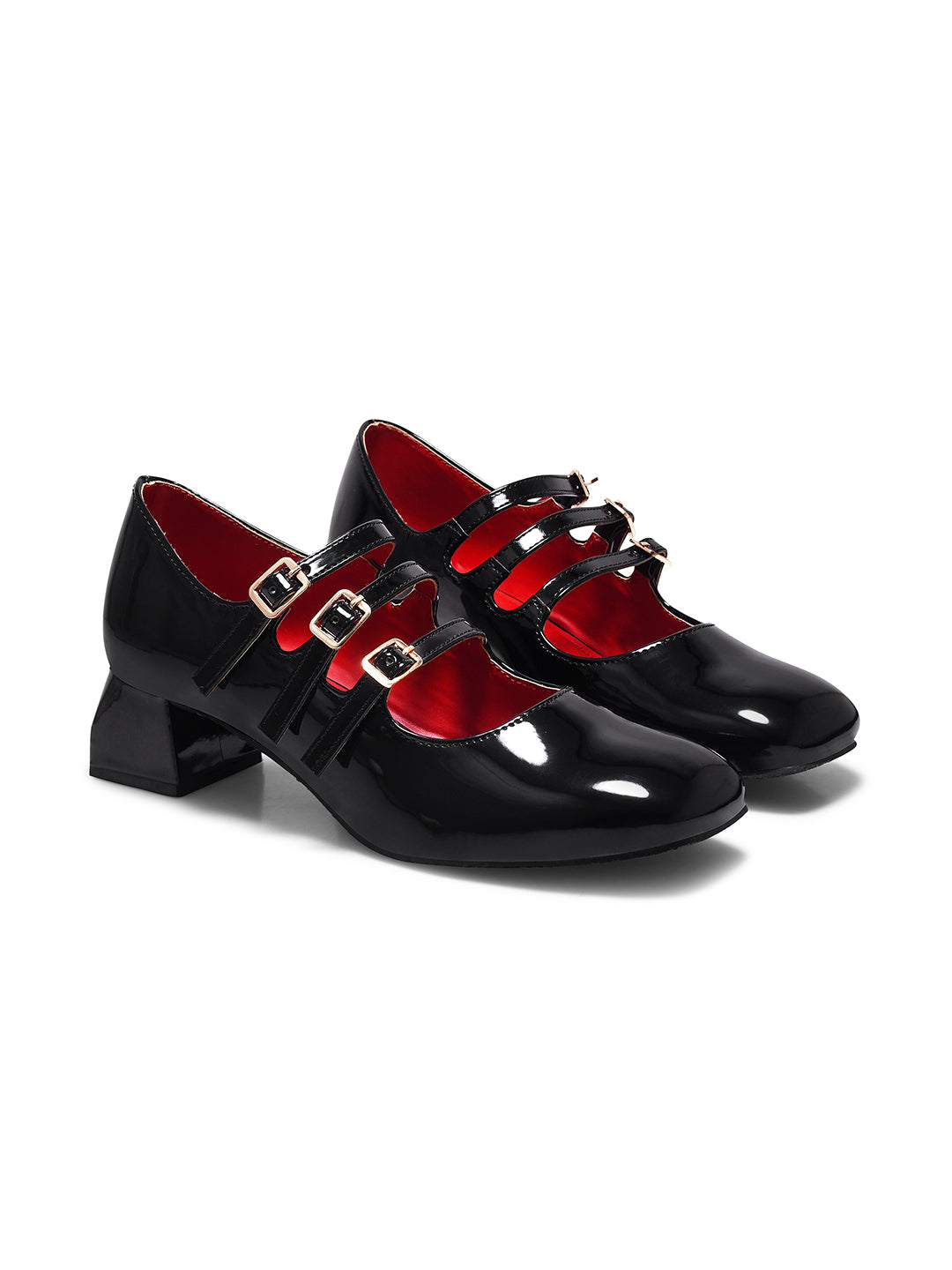 Mary Jane shoe with three straps and buckle closures
 Black