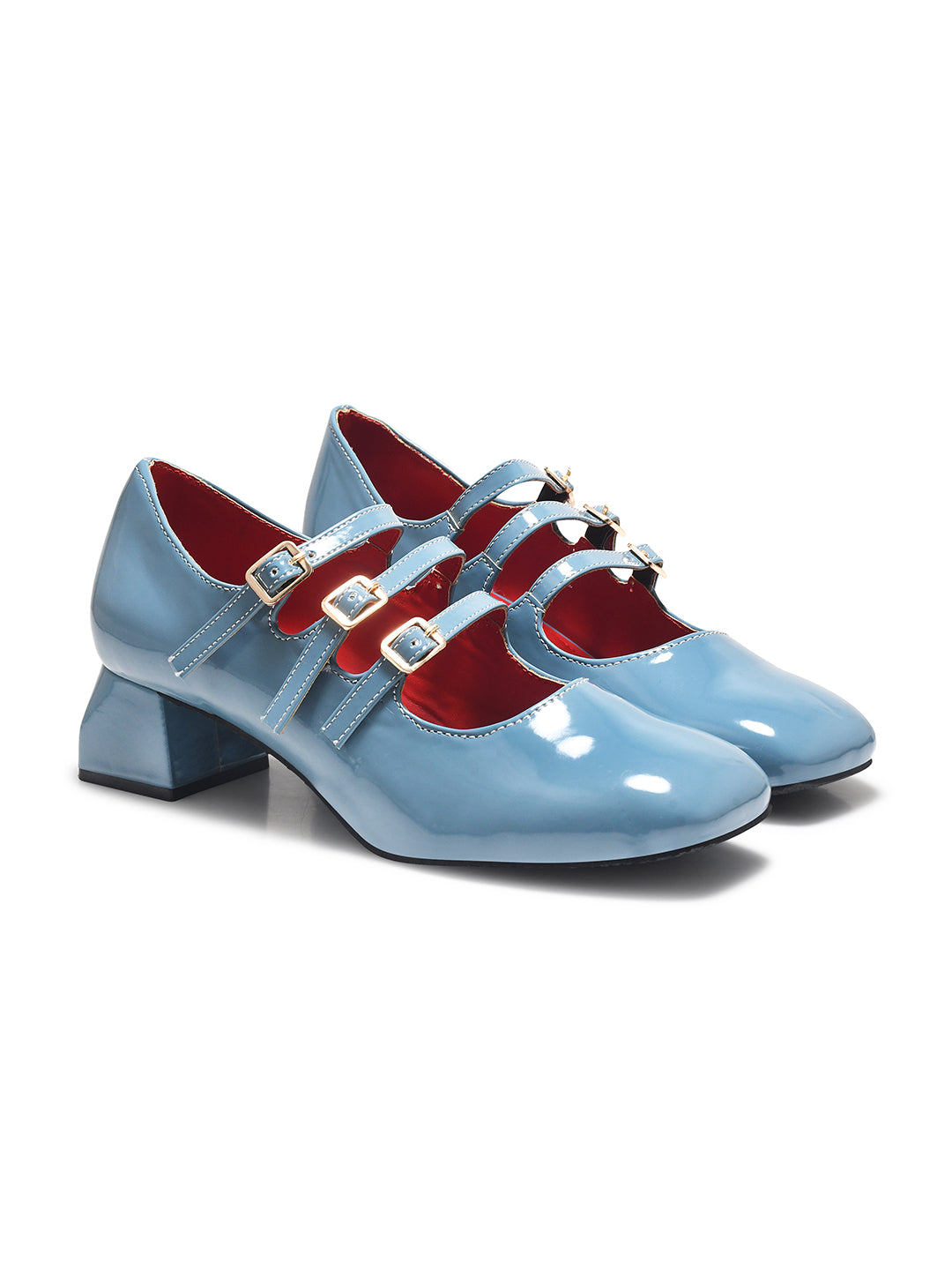 Mary Jane shoe with three straps and buckle closures
 Sky Blue
