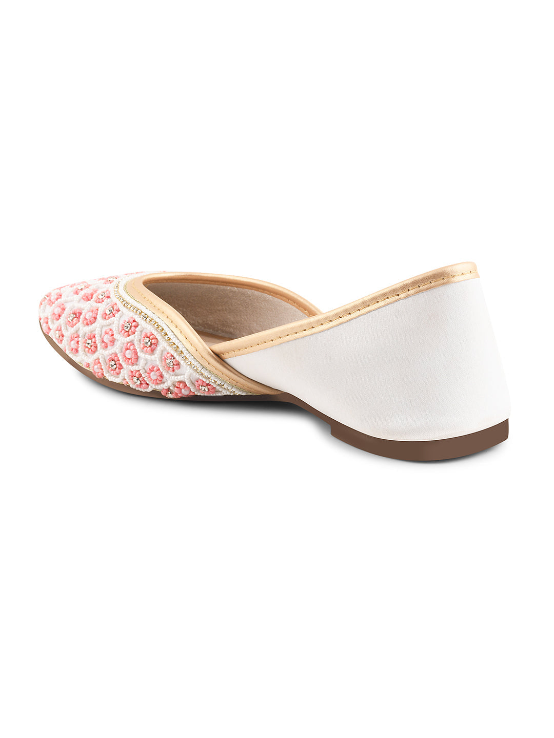 exquisitely embellished juttis featuring a detailed petal design
 White