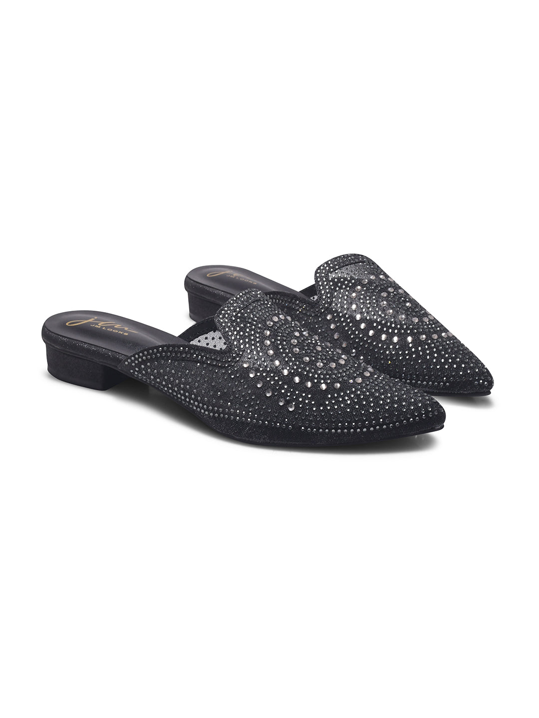 JM Looks women's pointed-toe mule with an all-over embellished design
 Black