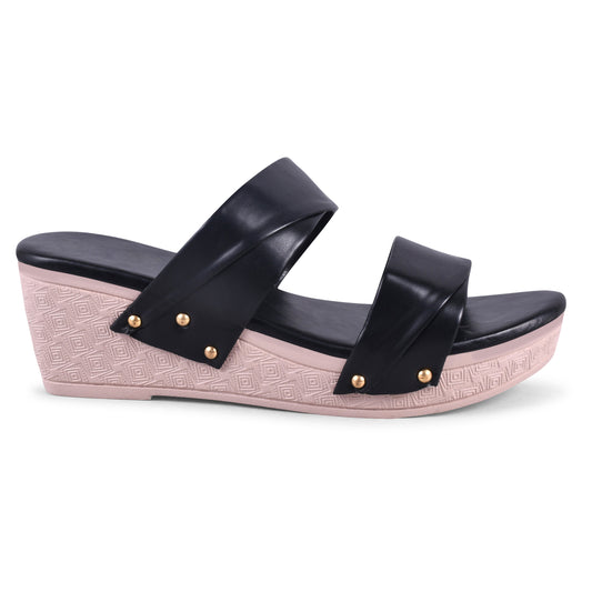 Women's sandals black wedge slip-on design with wide straps and comfortable platform sole for stylish casual