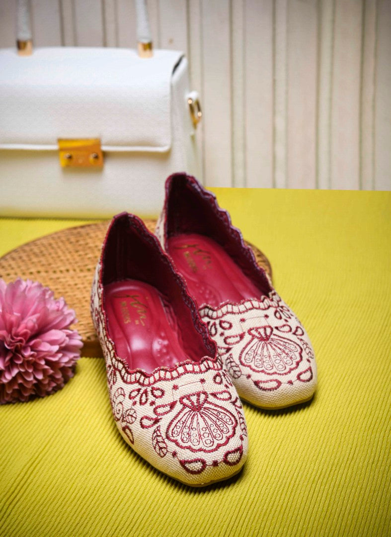 JM Looks Embroidered Ethnic Belly Shoes for Women | Slip-On Flats Cherry