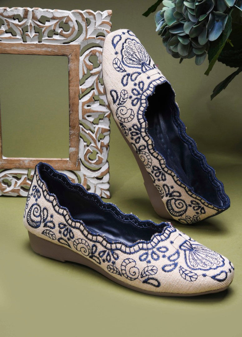 JM Looks Embroidered Ethnic Belly Shoes for Women | Slip-On Flats Blue