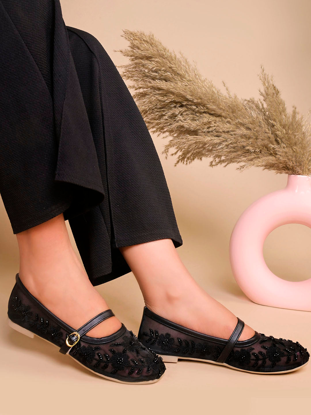 Floral Embroidered Sheer Mesh Mary Jane Flat Juttis