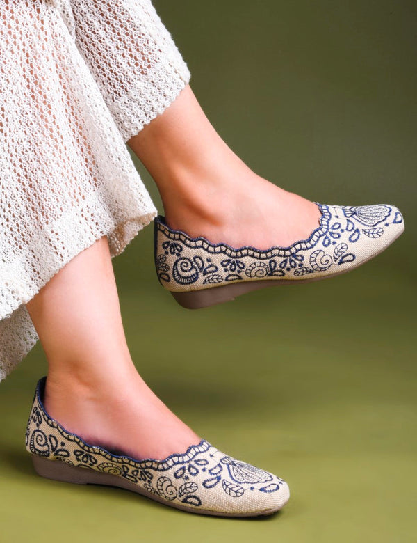 JM Looks Women Blue Embroidered Slip-On Ethnic Ballet Flats Jutti 