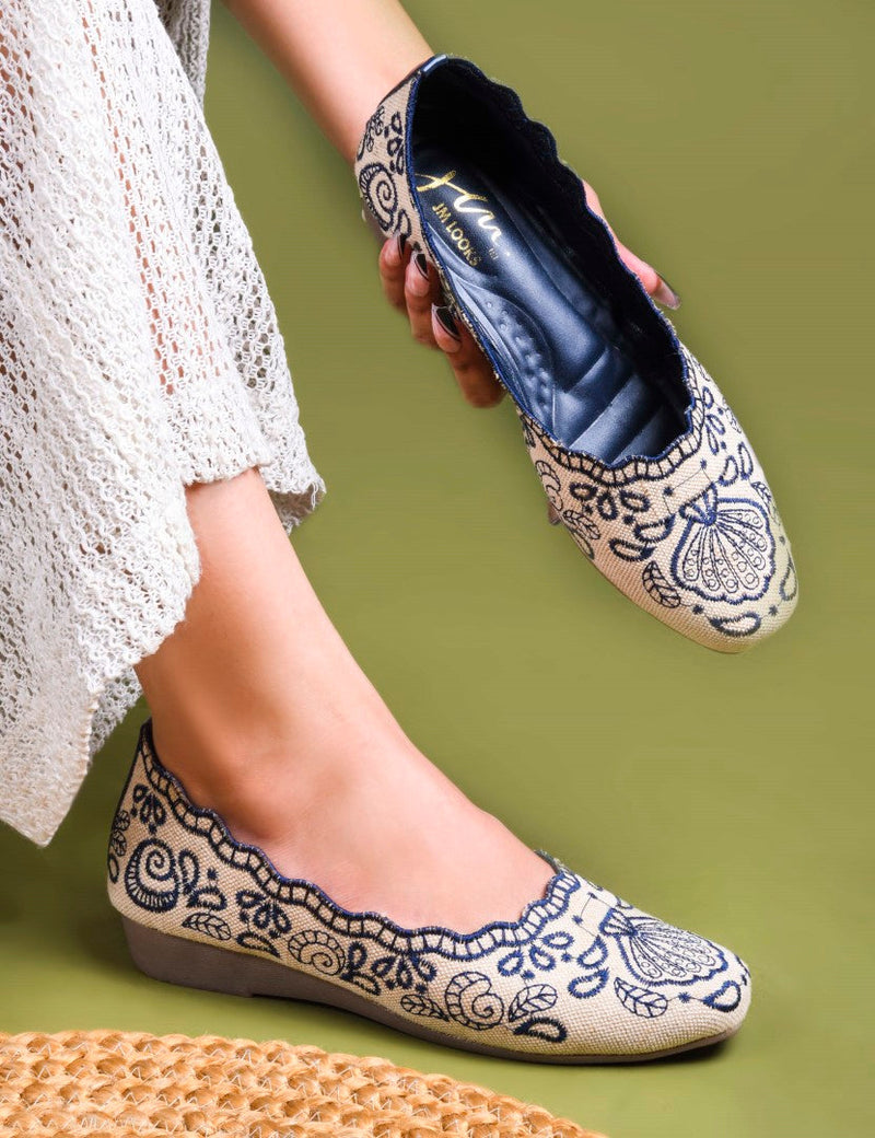 JM Looks Embroidered Ethnic Belly Shoes for Women | Slip-On Flats Blue