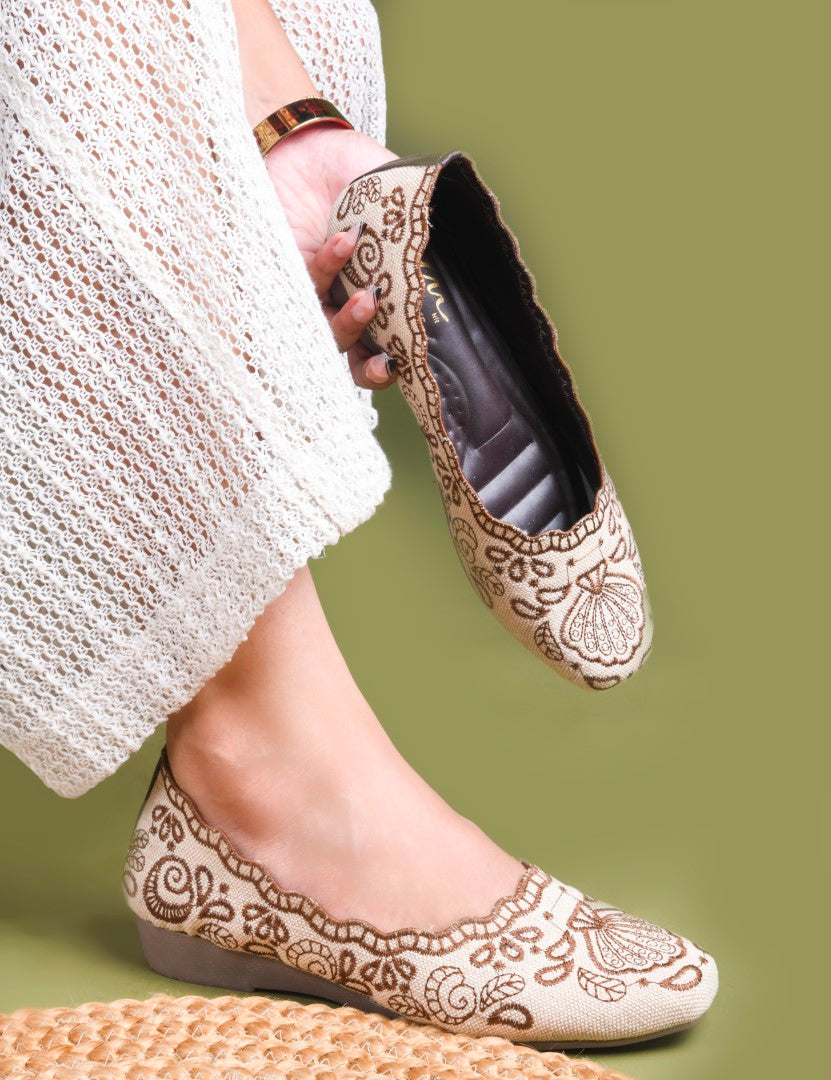 JM Looks Embroidered Ethnic Belly Shoes for Women | Slip-On Flats Brown