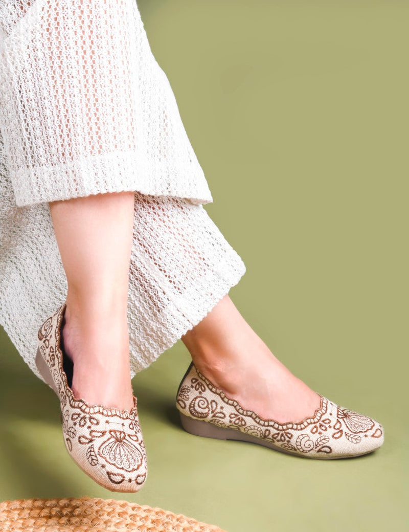 JM Looks Embroidered Ethnic Belly Shoes for Women | Slip-On Flats Brown