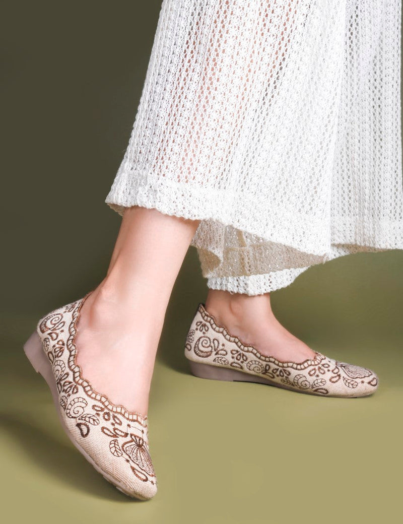 JM Looks Embroidered Ethnic Belly Shoes for Women | Slip-On Flats Brown