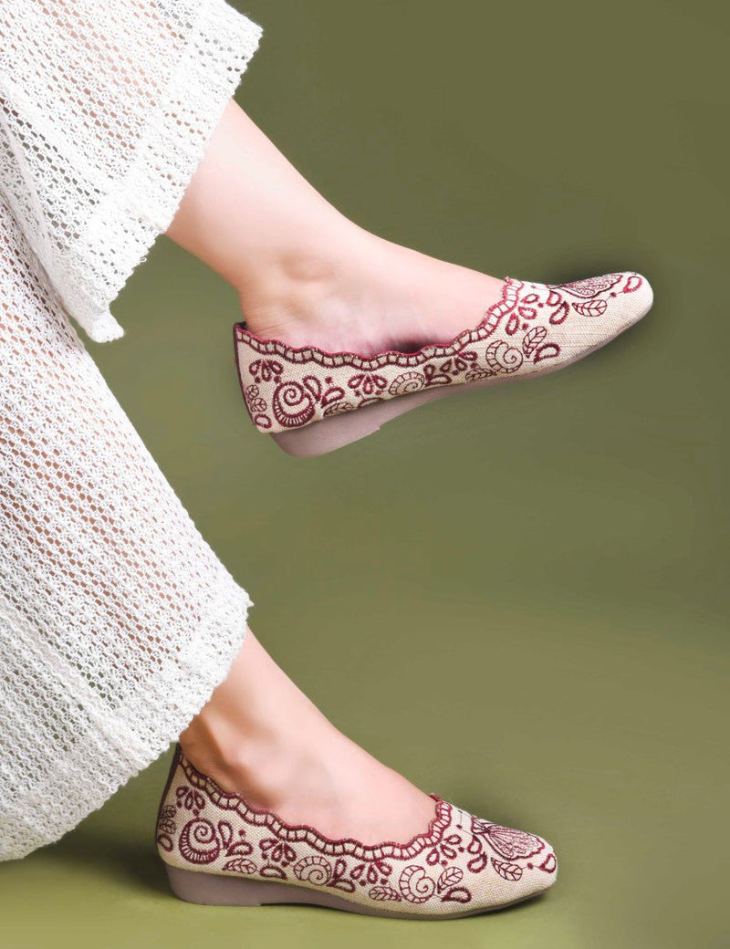 JM Looks Embroidered Ethnic Belly Shoes for Women | Slip-On Flats Cherry