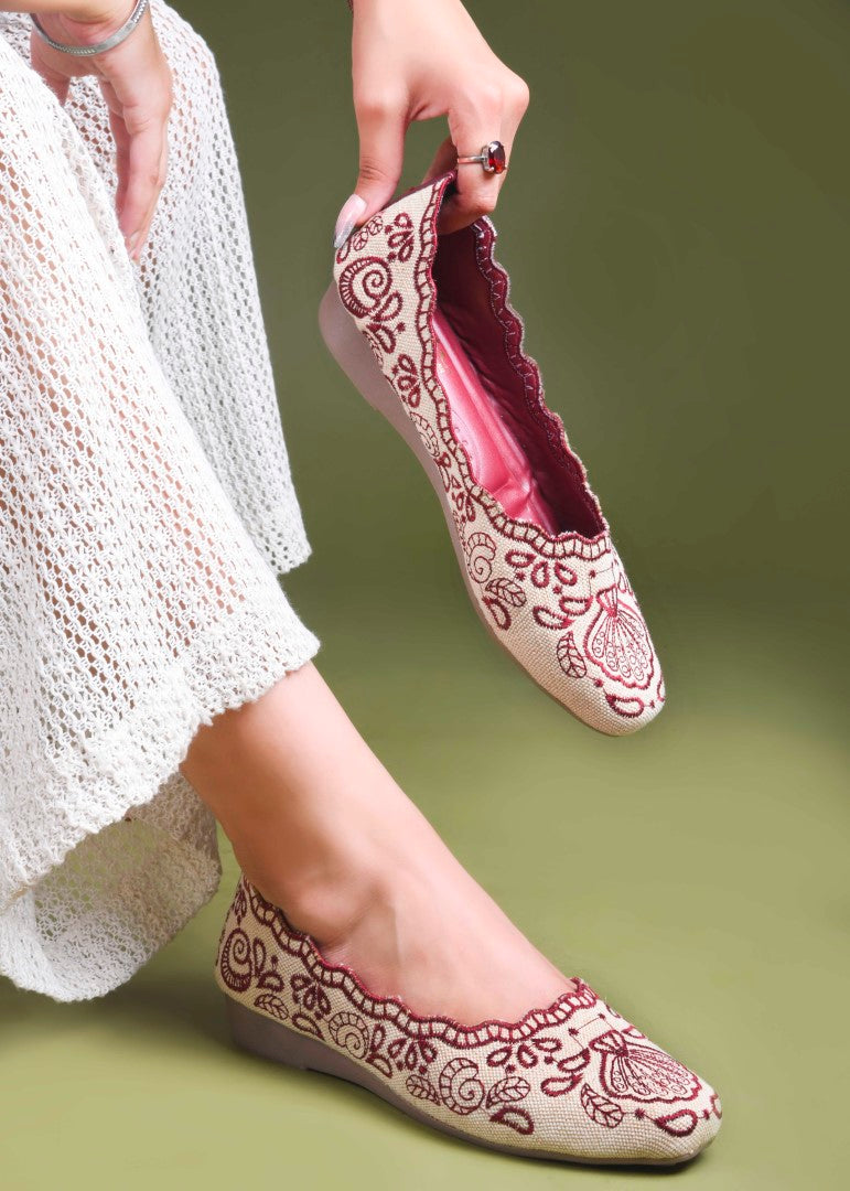 JM Looks Embroidered Ethnic Belly Shoes for Women | Slip-On Flats Cherry