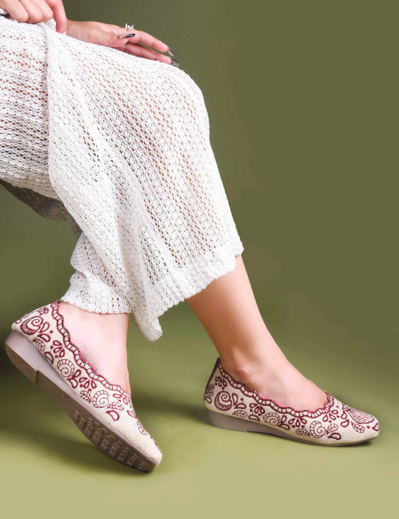 JM Looks Embroidered Ethnic Belly Shoes for Women | Slip-On Flats Cherry
