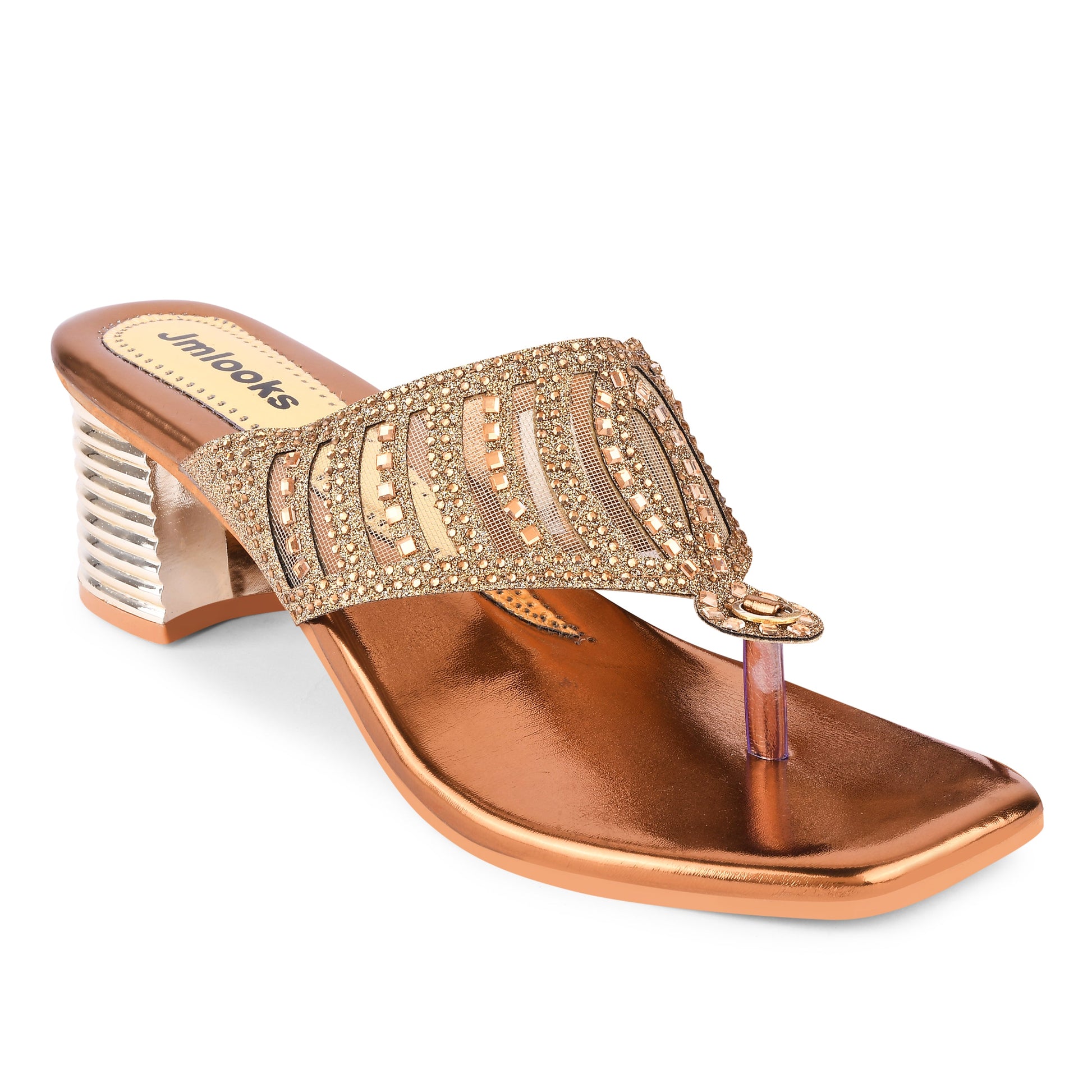Jm Looks open-toe heels with an embellished broad strap and a textured block heel
 Copper