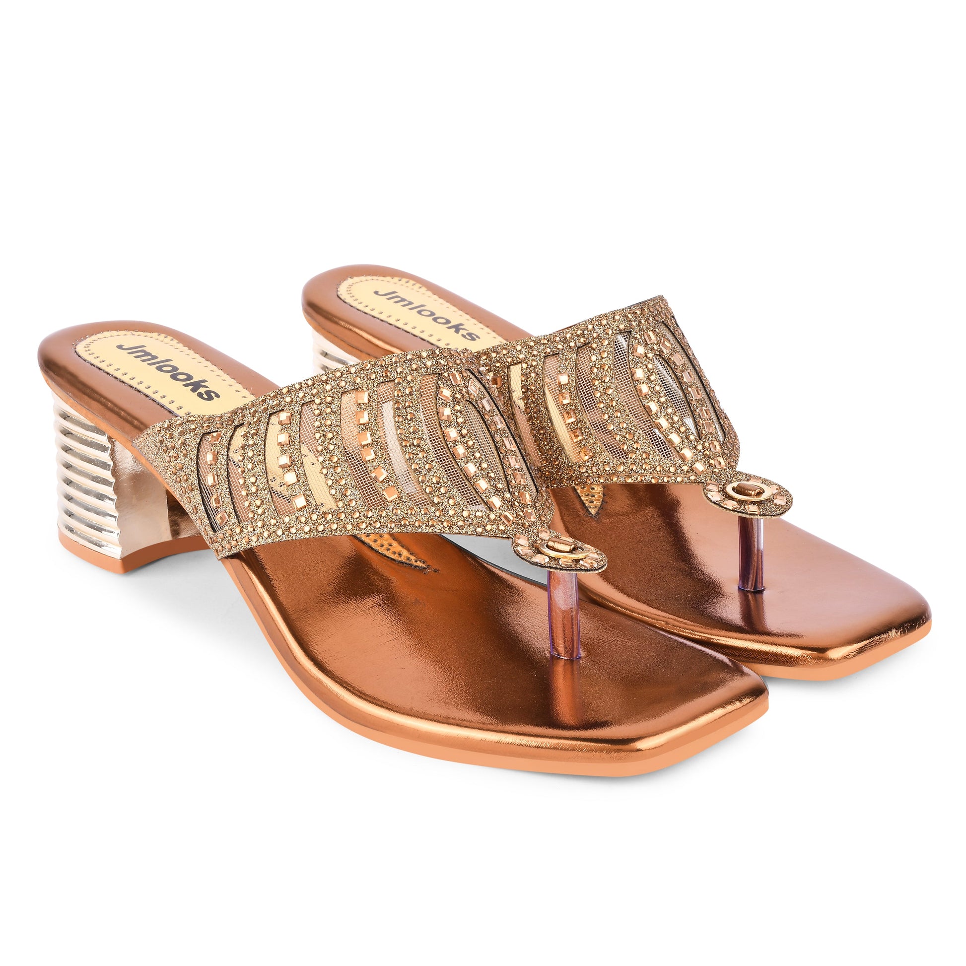 Jm Looks open-toe heels with an embellished broad strap and a textured block heel
 Copper
