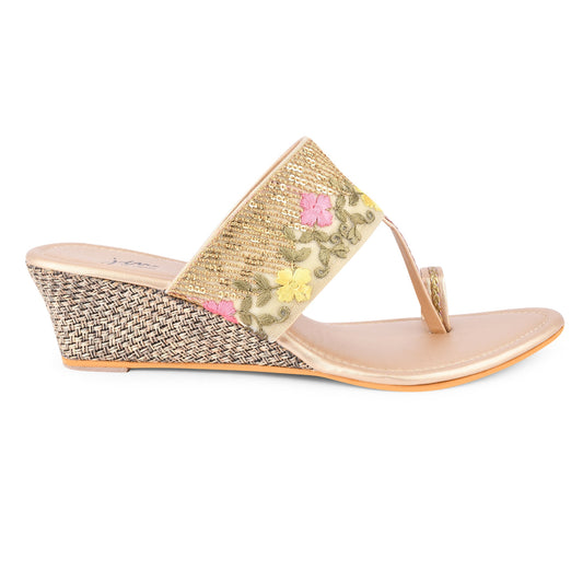 Floral embroidered wedge heel sandal for women featuring gold sequin strap and woven jute wedge heel