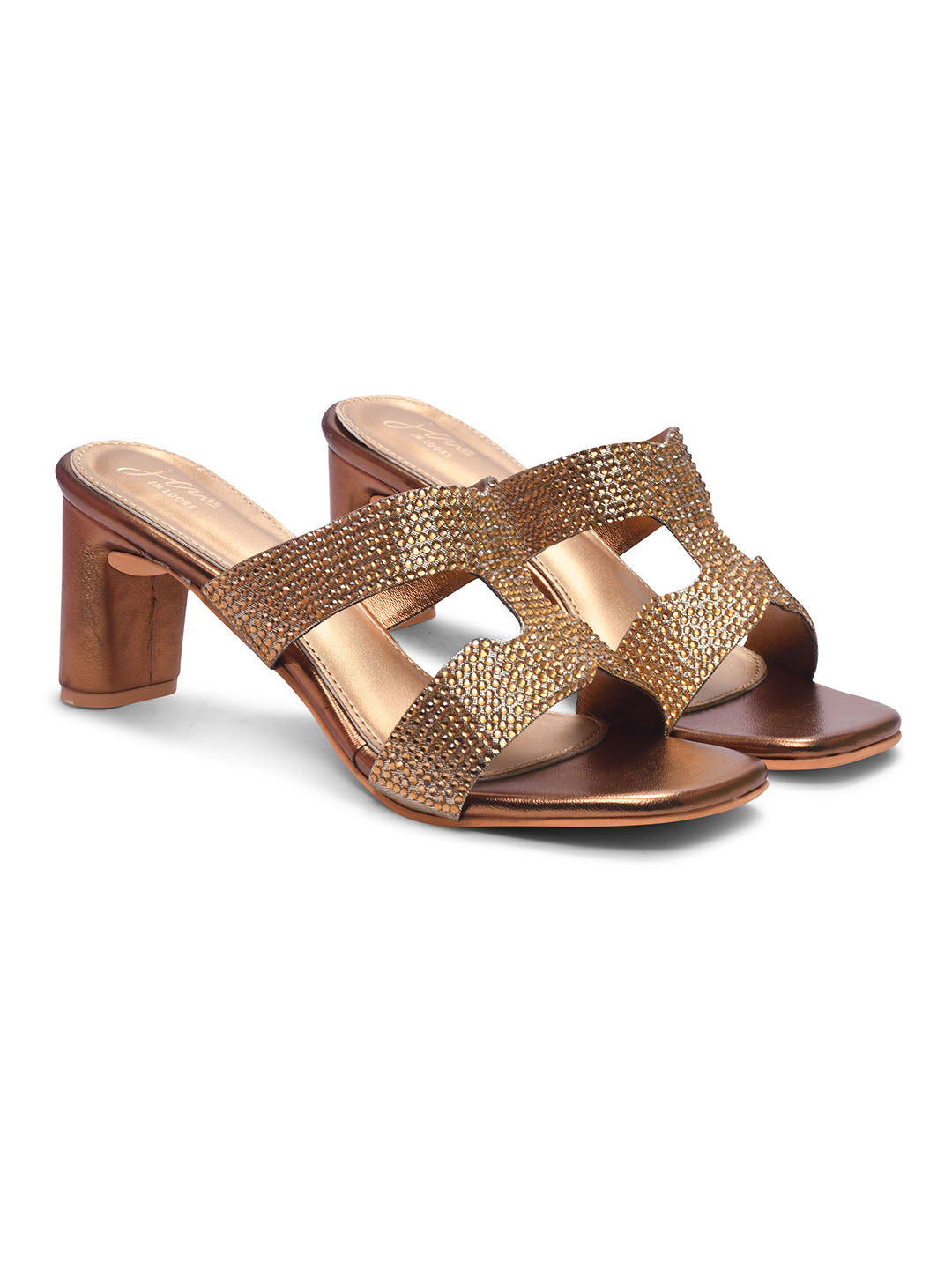 Jm Looks open-toe block heels with sparkling, embellished straps
 Copper