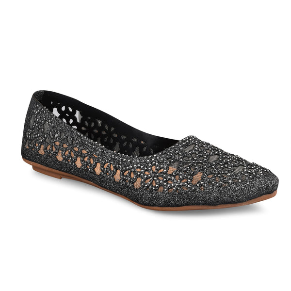 Embellished Cut-Work Pointed-Toe Ballerinas: Flats for Women & Girls Grey