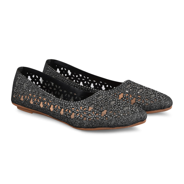 Embellished Cut-Work Pointed-Toe Ballerinas: Flats for Women & Girls Grey
