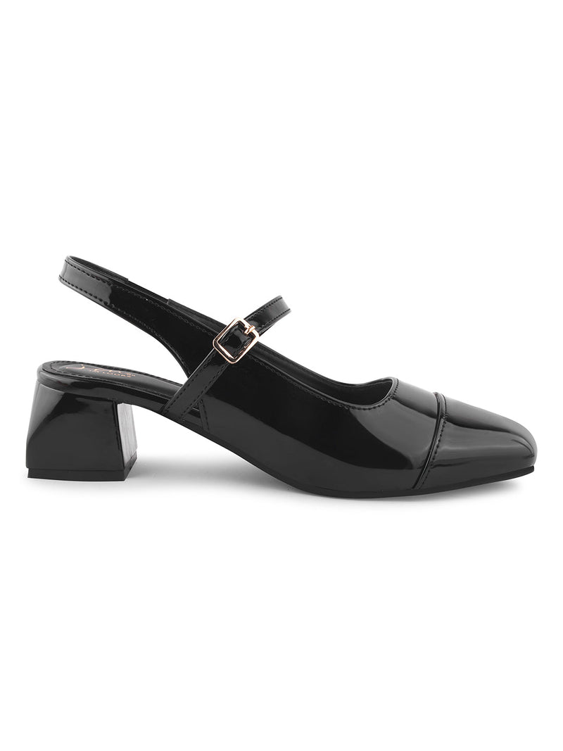 Slingback Glossy Block Heels With Buckle - 12
