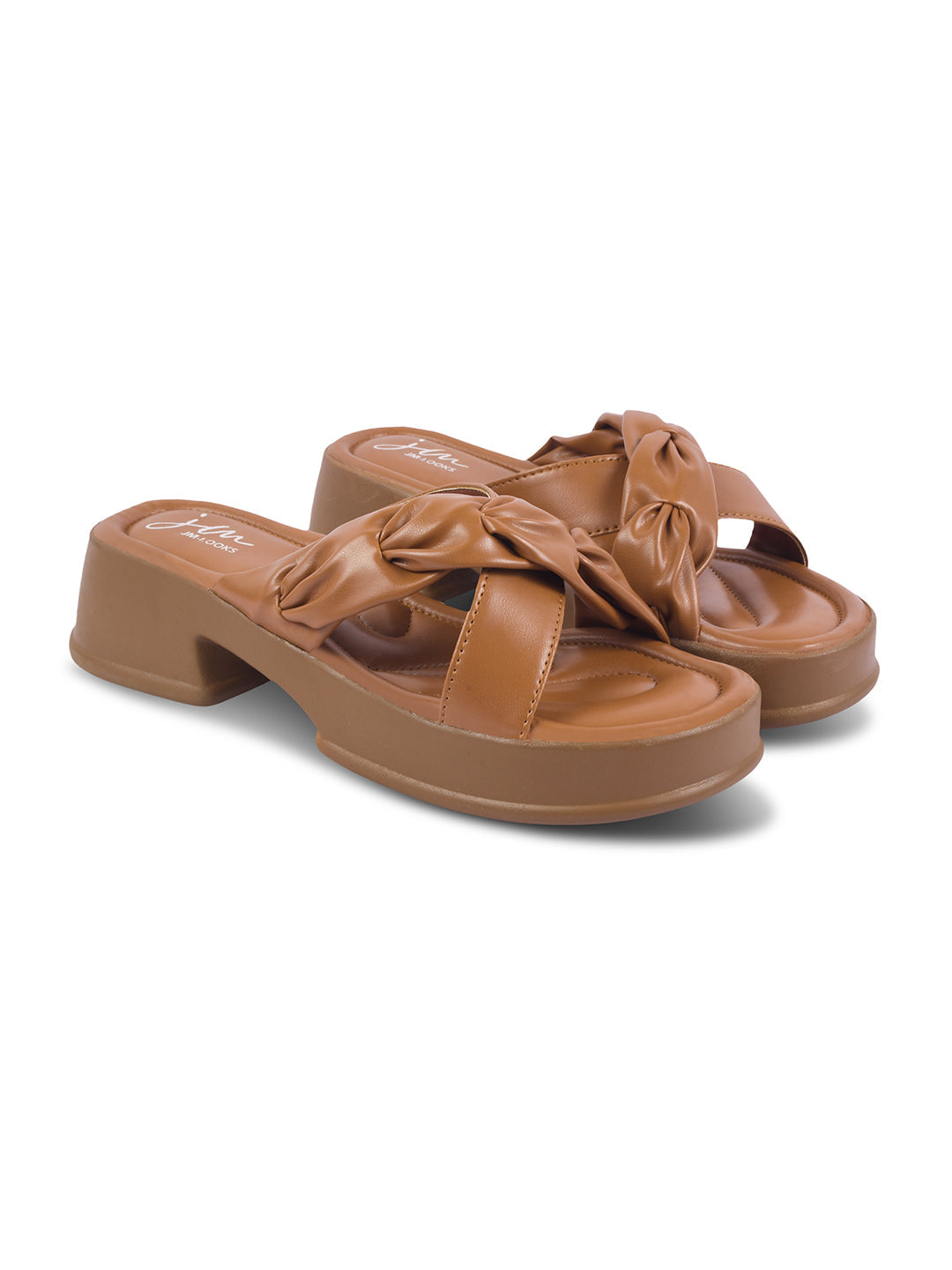 Jm Looks platform sandals featuring a knotted front strap
 Tan