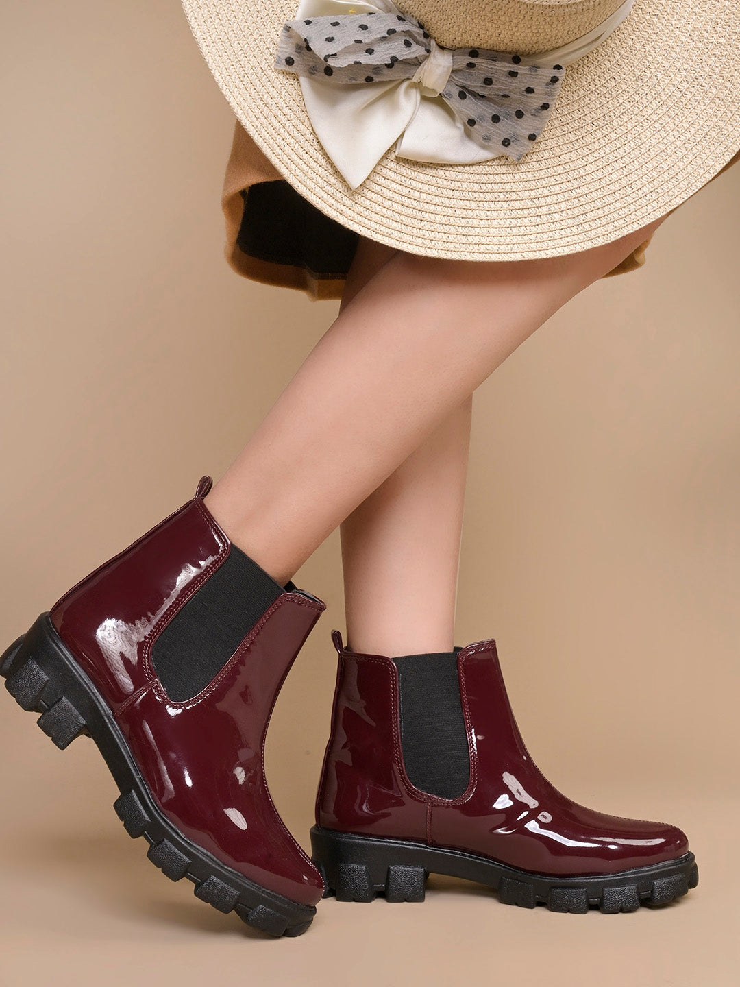 Glossy Finish Lug Sole Chelsea Boots for Women