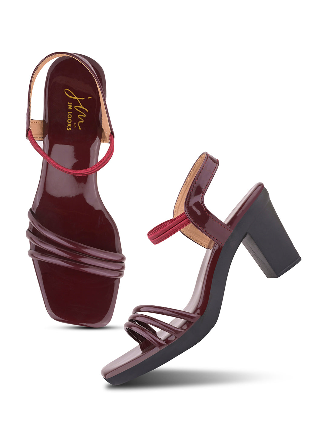 Glossy Finish Strap Block Heel Sandals for Women