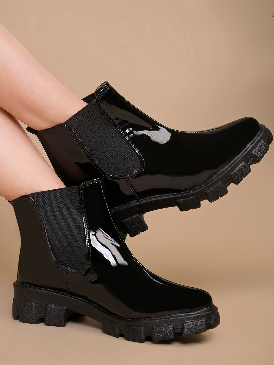 Glossy Finish Lug Sole Chelsea Boots for Women