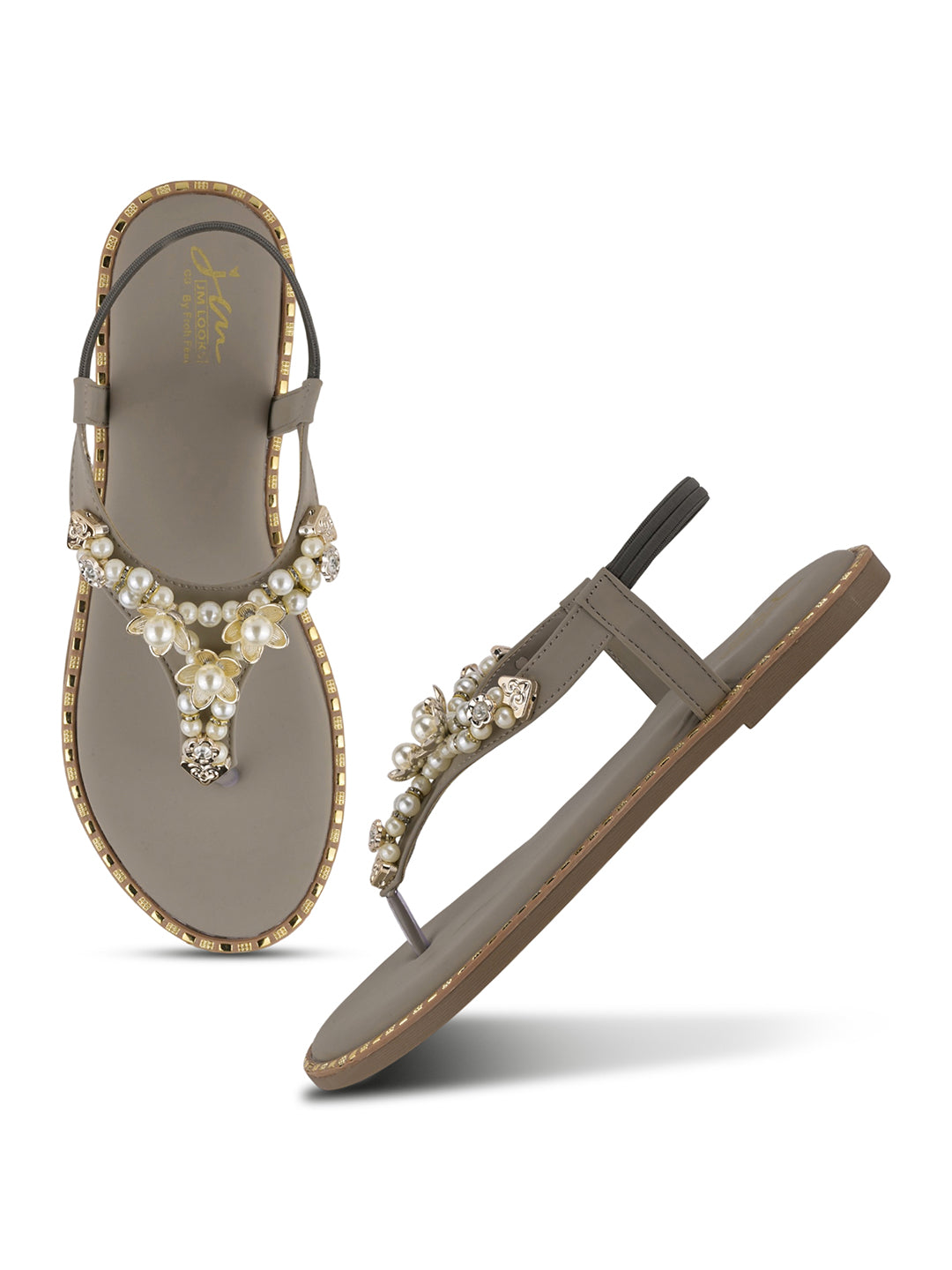 JM LOOKS Pearl Floral Studded T-Strap Flat Sandals with Back Strap