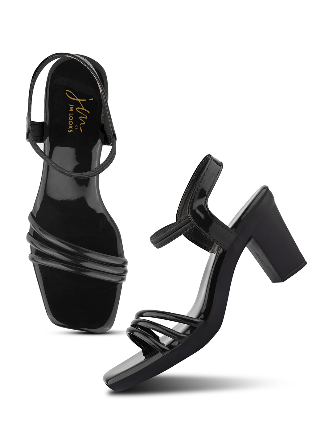 Glossy Finish Strap Block Heel Sandals for Women