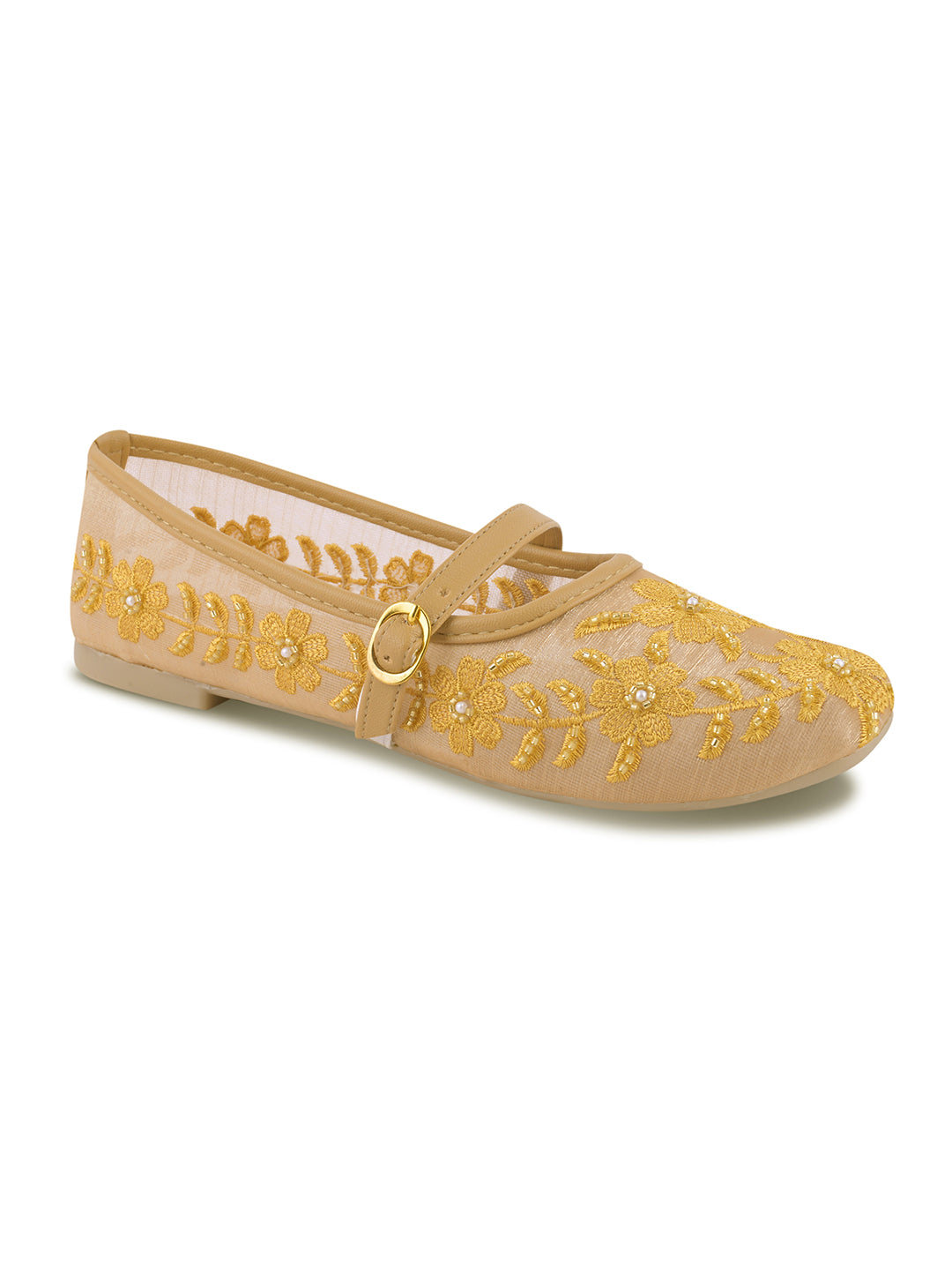 Floral Embroidered Sheer Mesh Mary Jane Flat Juttis