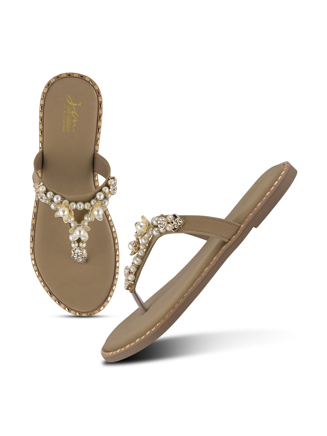 JM LOOKS Pearl Floral Studded Thong Flat Sandals Slip On Slides