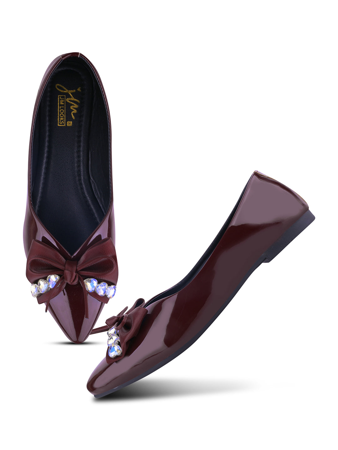 JM LOOKS Pointed Toe Bow Flat Sandals with Crystal Embellishments