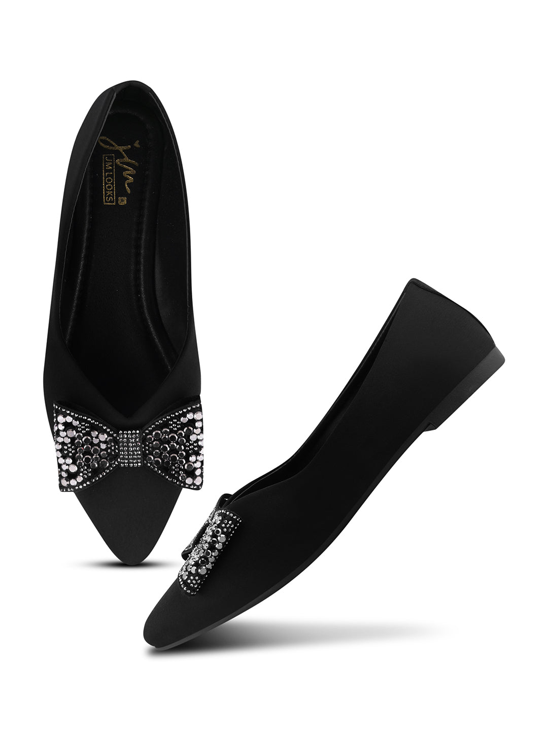JM LOOKS Pointed Toe Bow Flat Sandals with Crystal Embellishments