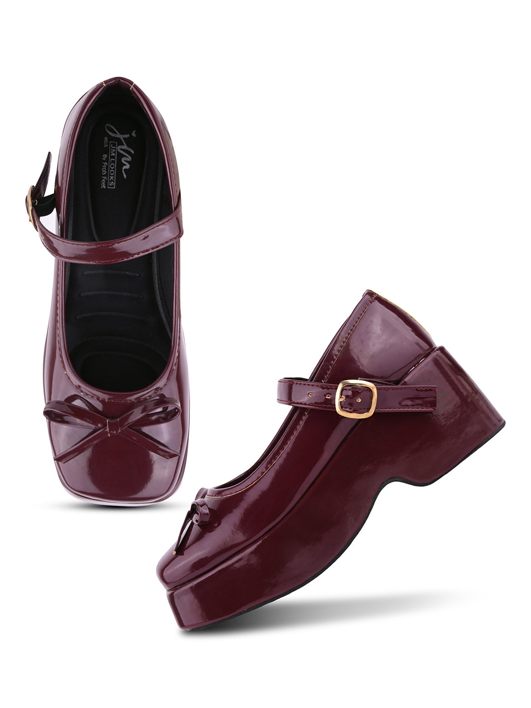 JM LOOKS Glossy Cherry Chunky Platform Mary Jane Shoes with Bow