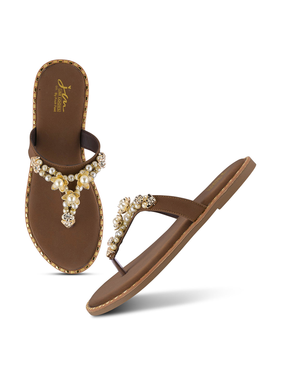 JM LOOKS Pearl Floral Studded Thong Flat Sandals Slip On Slides
