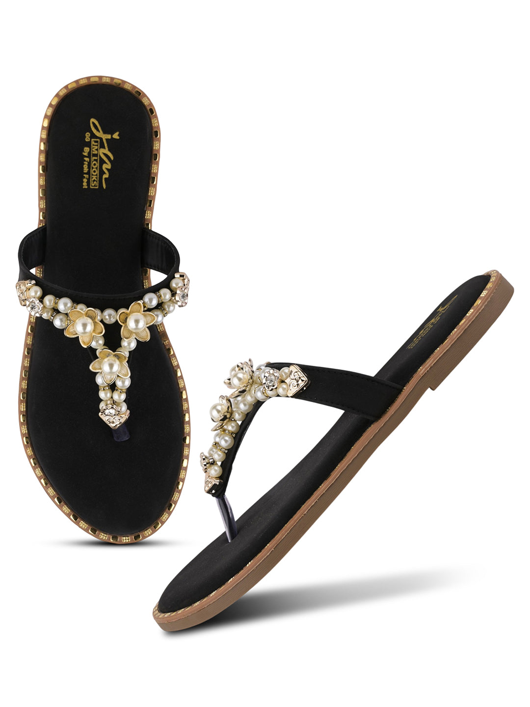 JM LOOKS Pearl Floral Studded Thong Flat Sandals Slip On Slides