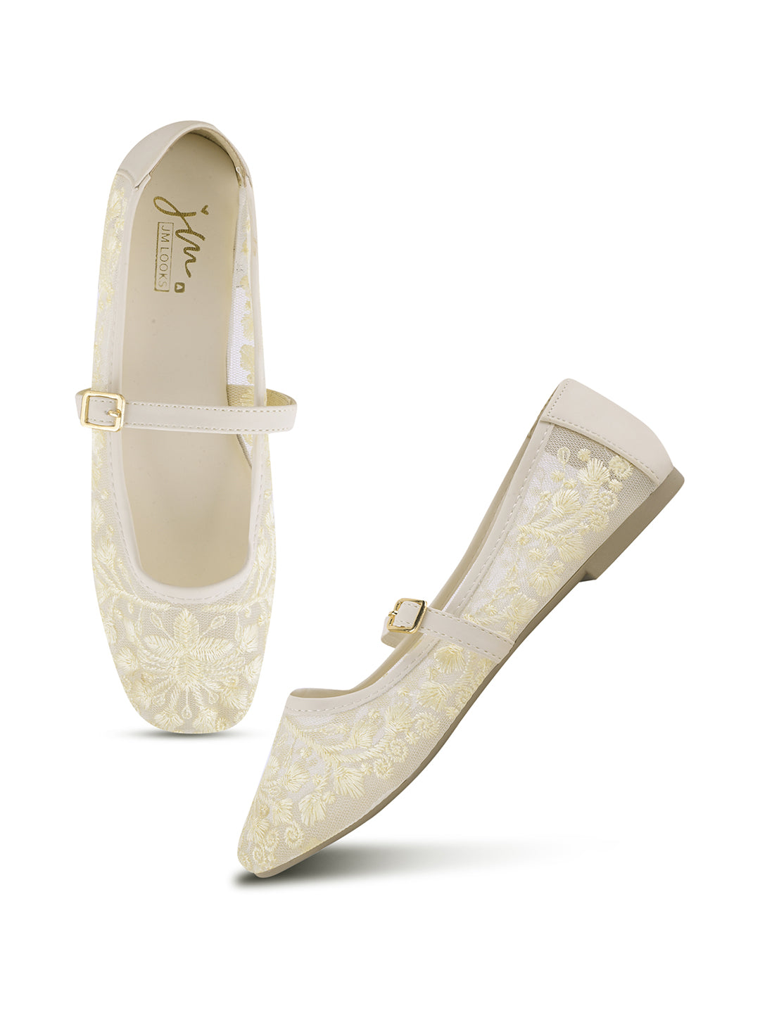 JM LOOKS Floral Embroidered Sheer Flat Sandals with Buckle Strap