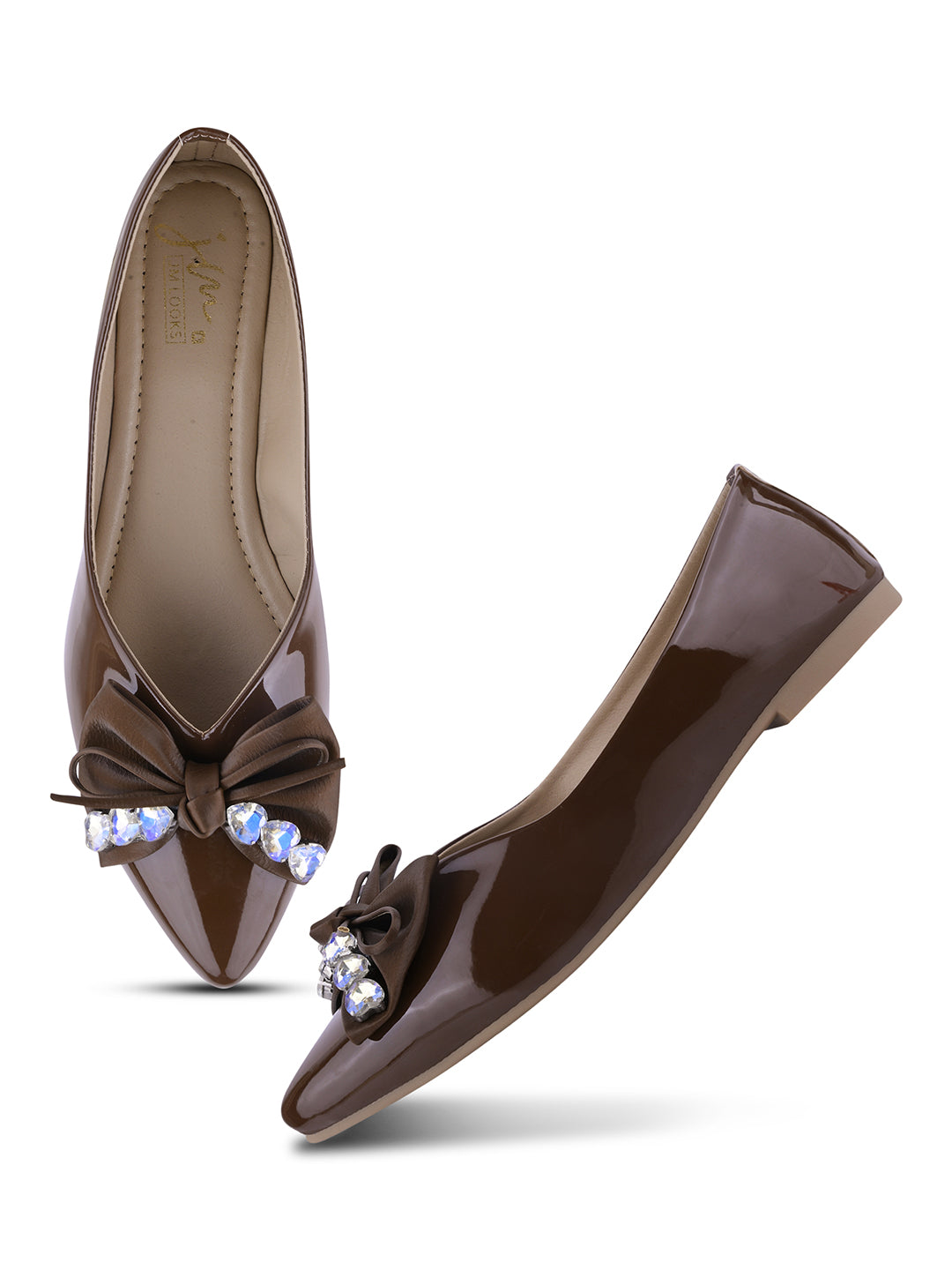 JM LOOKS Pointed Toe Bow Flat Sandals with Crystal Embellishments