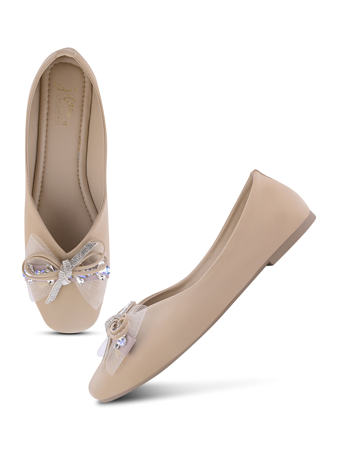 JM LOOKS Pointed Toe Mesh Bow Flat Sandals with Crystal Trim Accent