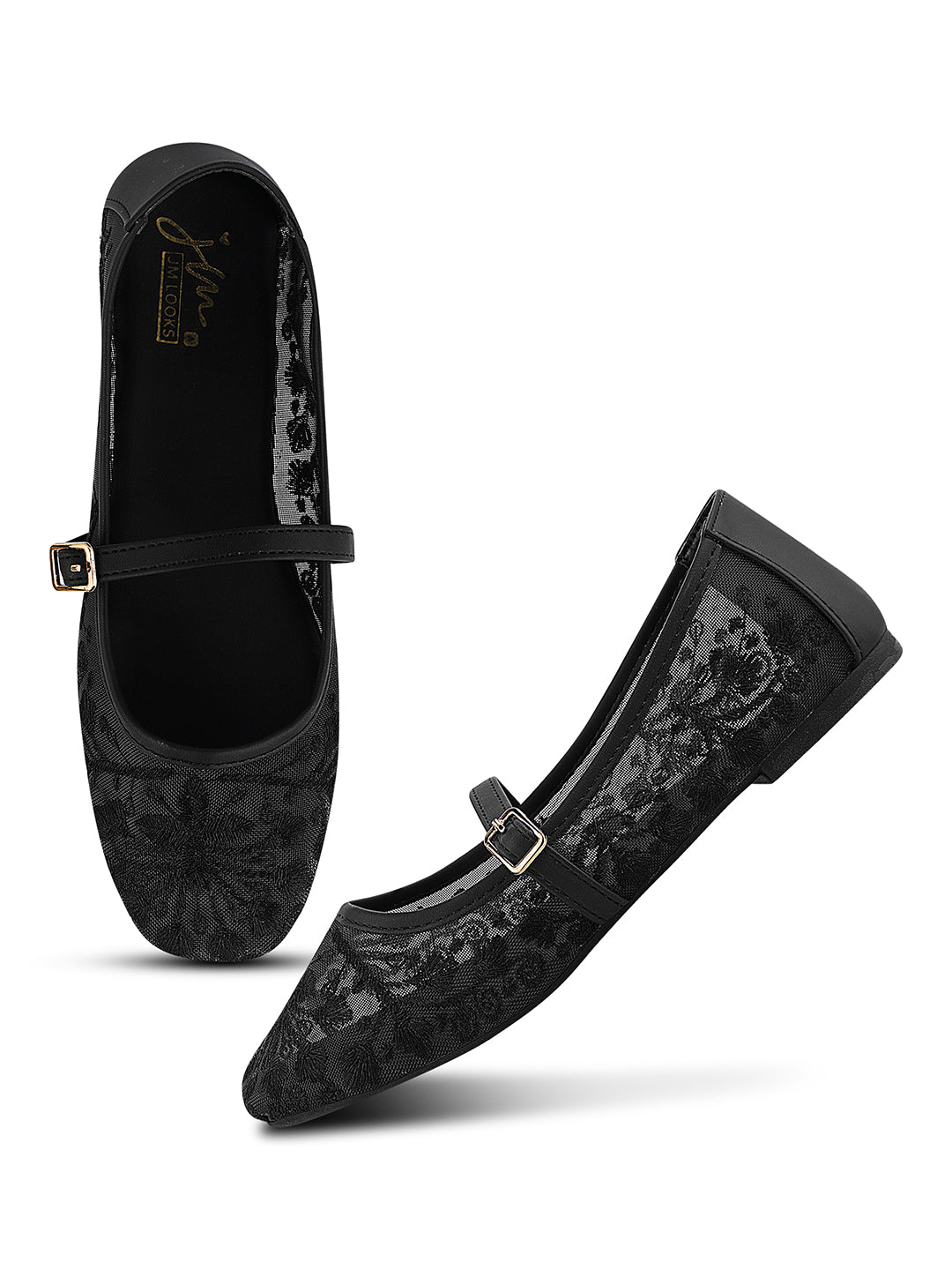 JM LOOKS Floral Embroidered Sheer Flat Sandals with Buckle Strap