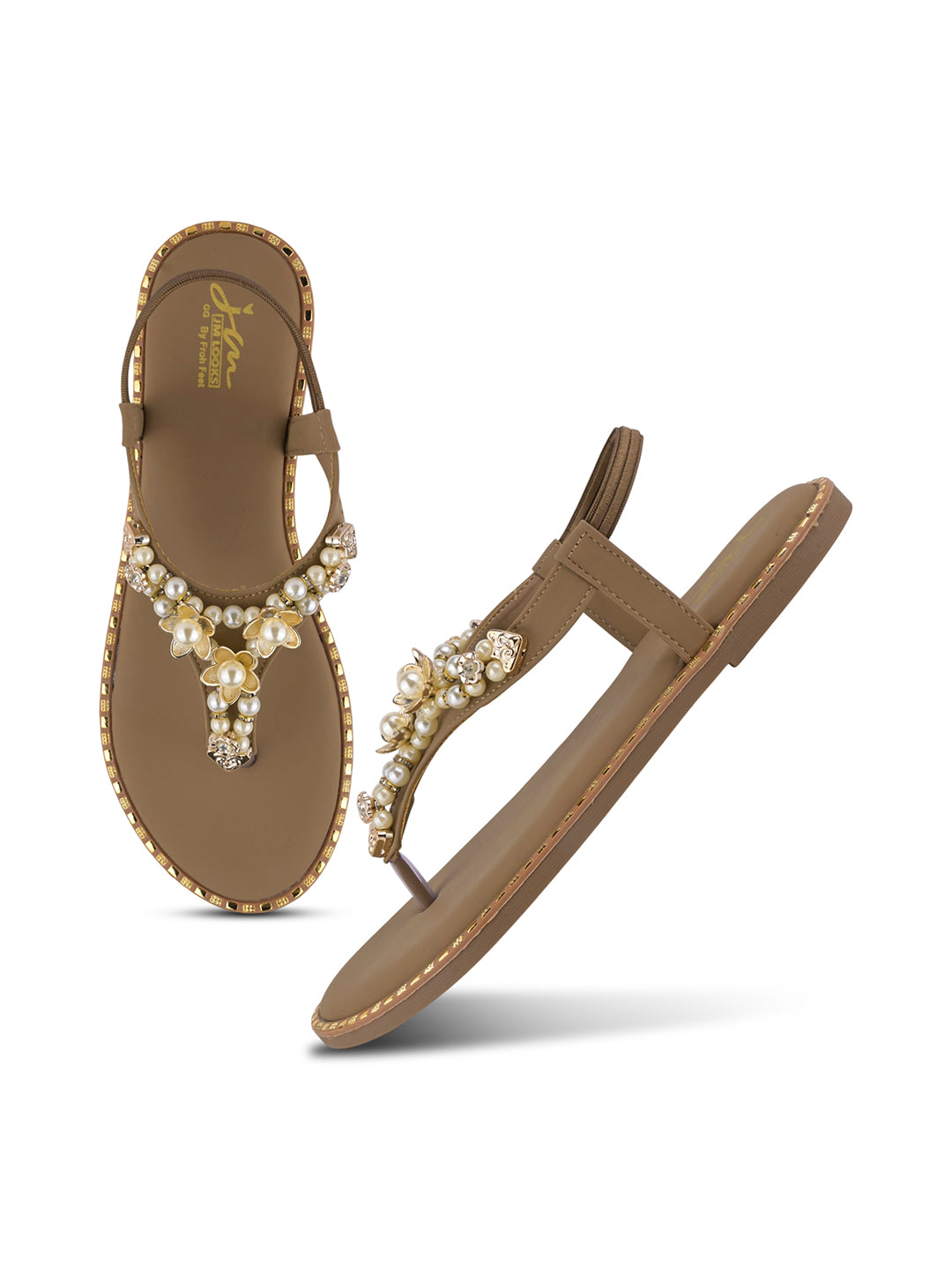 JM LOOKS Pearl Floral Studded T-Strap Flat Sandals with Back Strap